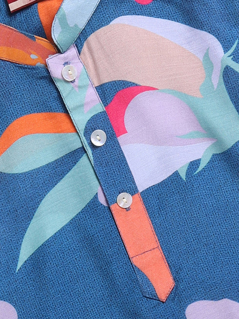 Boy's Blue Floral Printed Pure Viscose Kurta Pyjama Set